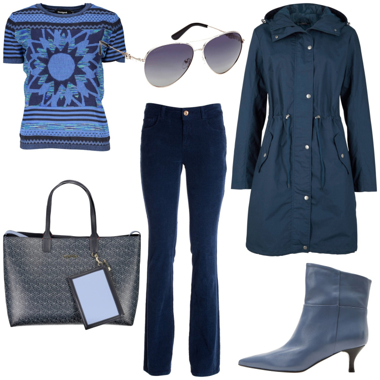 Outfit donna - La maglia Desigual. Stile Casual chic per Tutti i giorni. Abbinamento con stivaletti, parka, pantaloni, maglieria, borse a spalla, occhiali da sole.