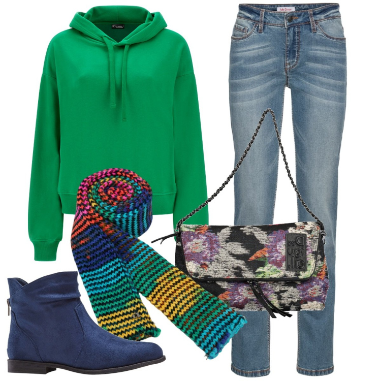Outfit donna - Al gattile. Stile Casual per Tutti i giorni. Abbinamento con jeans dritti, stivaletti, felpe con cappuccio, sciarpe, borse a mano.