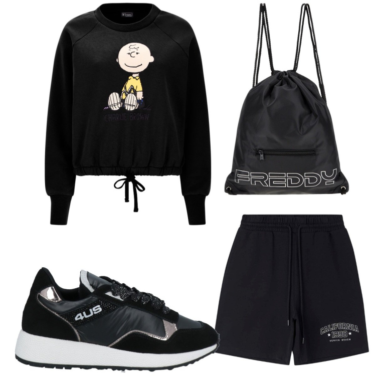 Outfit donna - Total look #1840494. Stile Basic per Sport. Abbinamento con sneakers, pantaloncini sportivi, zaini, felpe.