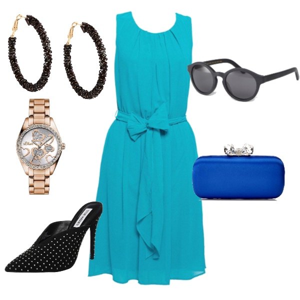 Outfit donna - Elegante ma chic. Stile Chic per Ufficio. Abbinamento con orecchini, orologio con cinturino in oro rosa argento, vestito elegante verde, scarpe col tacco, pochette blu, occhiali da sole sagomati lenti scure stanghette sottili nero.