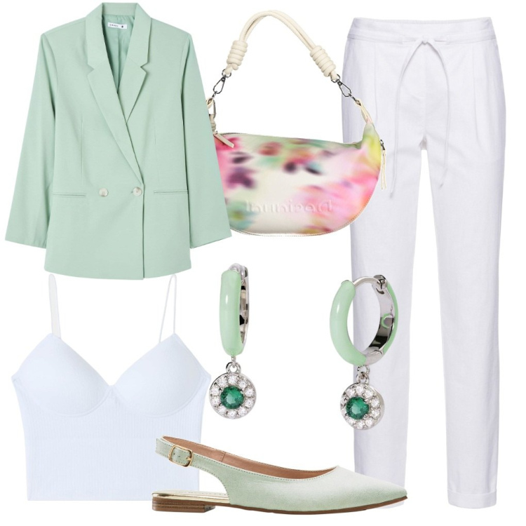 Outfit donna - Serena: Mo-Mint. Stile Chic per Cerimonia. Abbinamento con pantaloni, ballerine, top, blazer, orecchini, borse a spalla.