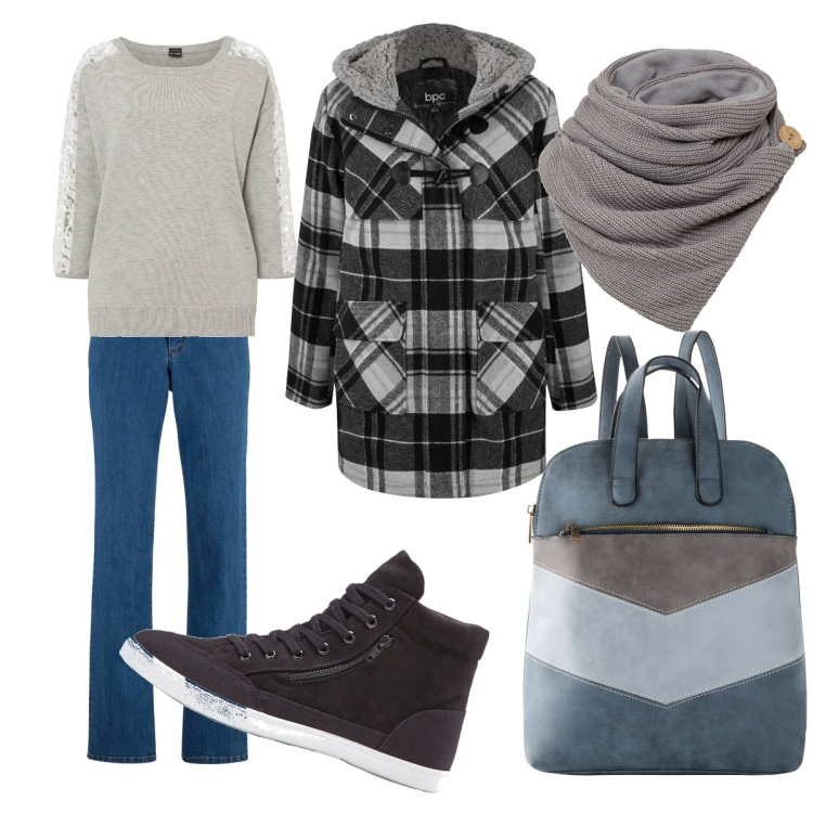 Outfit donna - Tempo di ripetizioni. Stile Casual per Scuola/Università. Abbinamento con foulard, montgomery, maglieria, zaini, jeans, sneakers alte.