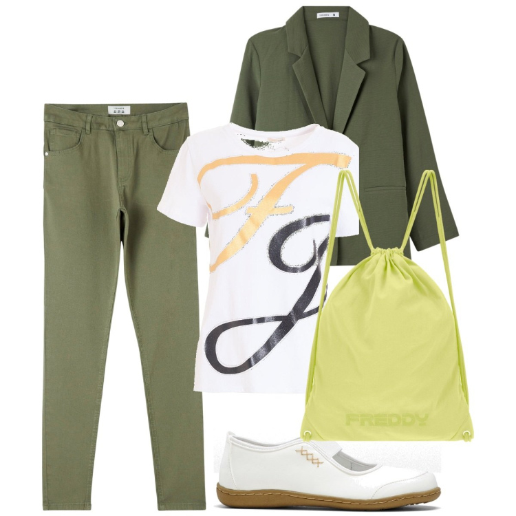 Outfit donna - Il tailleur sportivo. Stile Mannish per Ufficio. Abbinamento con ballerine, pantaloni, blazer, t-shirt, zaini.