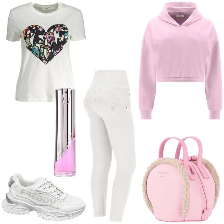 Outfit donna - Basic style. Stile Basic per Tutti i giorni. Abbinamento con zaini, profumi, sneakers, pantaloni skinny, felpe con cappuccio, t-shirt.