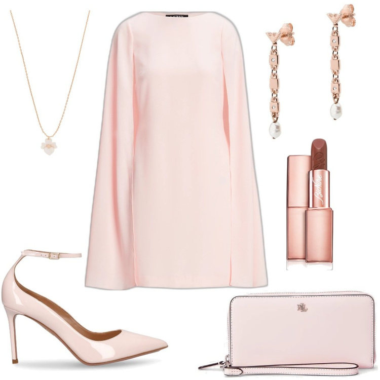 Outfit donna - Diana: abito a mantella. Stile Glamour per Cerimonia. Abbinamento con collane, orecchini, rossetti, vestiti, pochette, décolleté.