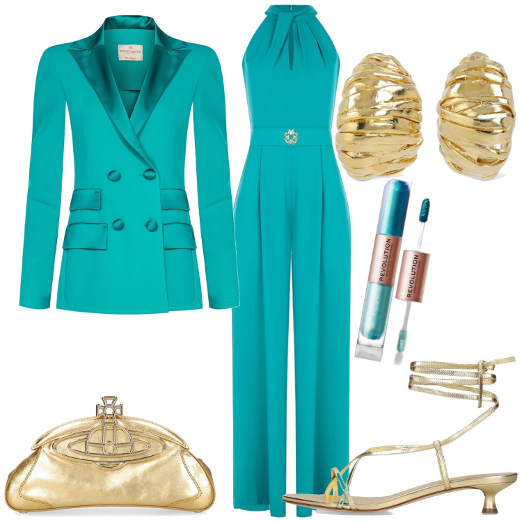Outfit donna - Una giornata speciale. Stile Glamour per Serata fuori. Abbinamento con ombretti, tute, blazer, sandali in pelle, pochette, orecchini.