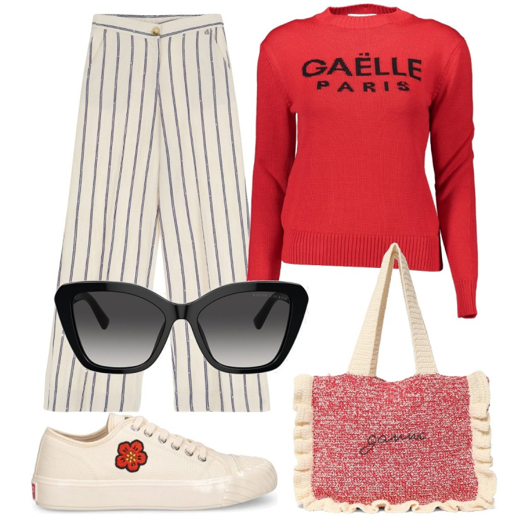 Outfit donna - Comoda e sportiva. Stile Casual chic per Tutti i giorni. Abbinamento con pantaloni, occhiali da sole, sneakers, shopping bag, maglieria.