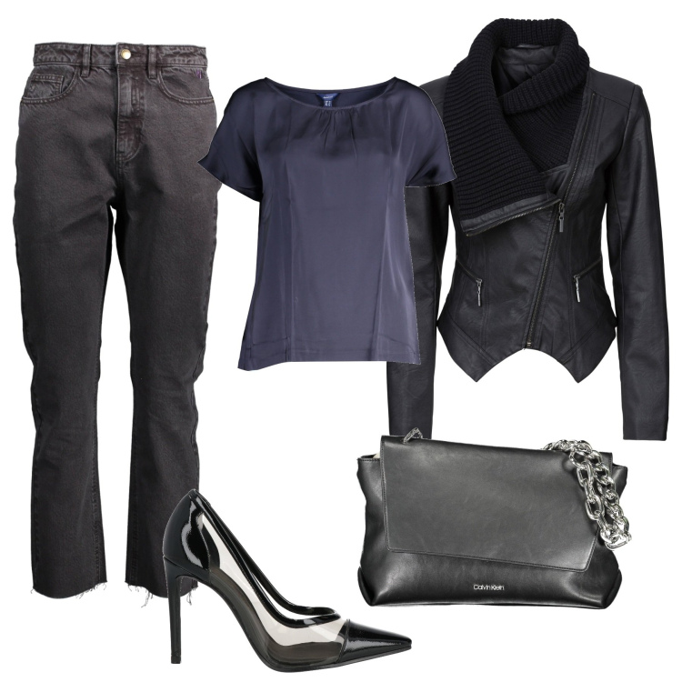 Outfit donna - Must-have, capi neri. Stile Rock per Serata fuori. Abbinamento con décolleté, blazer, t-shirt, jeans, borse a spalla.