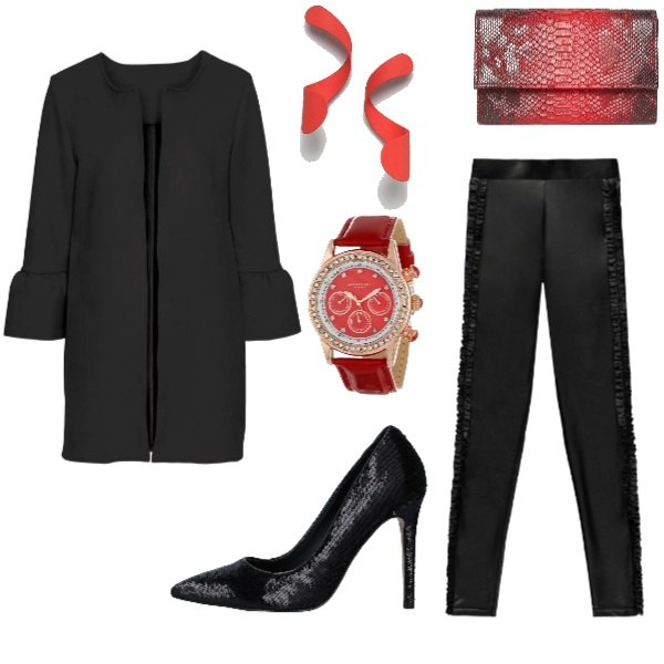 Outfit donna - Bon Ton #12624. Stile Bon Ton per Cerimonia. Abbinamento con giacca effetto scamosciato collo aperto in pelle sintetica nero, décolleté con paillettes e tacco spillo a punta in pelle sintetica tinta unita, leggings con cerchi e ruches in pelle sintetica nero, orecchini farfalla in denim, pochette motivo serpente con spalline e tasca interna, orologio.