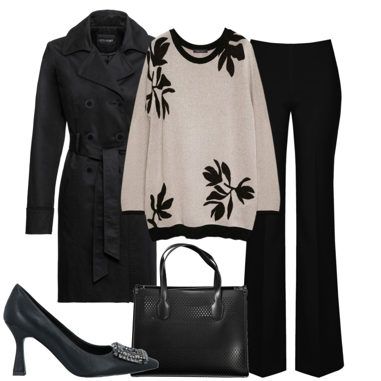 Outfit donna - In ufficio. Stile Chic per Ufficio. Abbinamento con trench, décolleté, pantaloni a palazzo, maglieria, pochette.