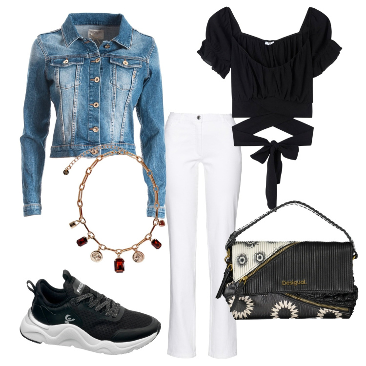 Outfit donna - Giubbino di jeans. Stile Basic per Tutti i giorni. Abbinamento con pantaloni, bluse, blazer, sneakers, borse a spalla, collane.