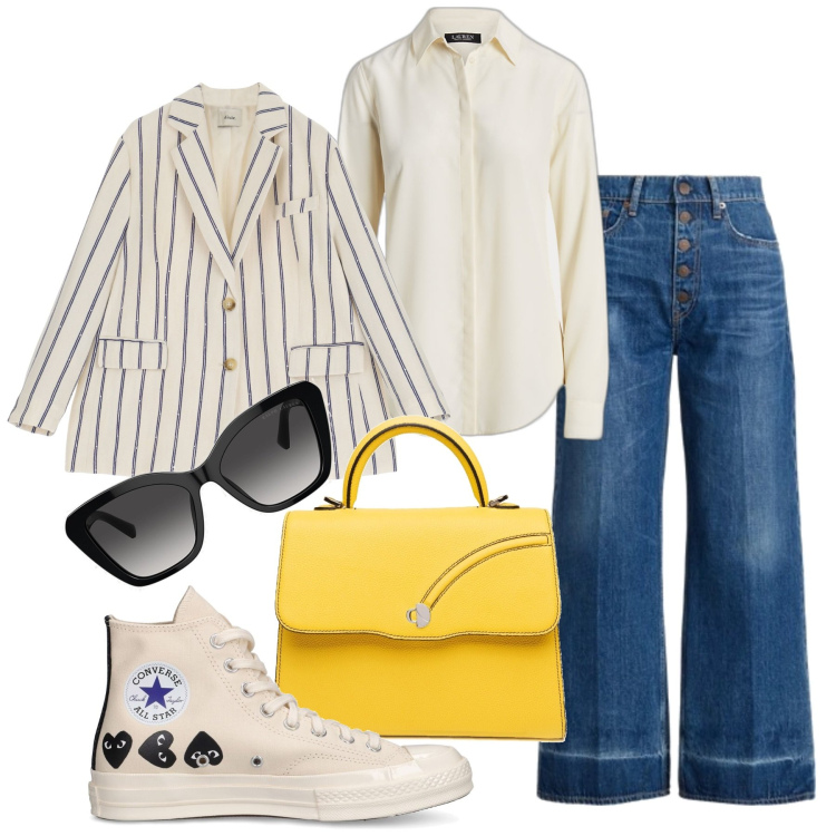 Outfit donna - Sbarazzina. Stile Basic per Tutti i giorni. Abbinamento con blazer, occhiali da sole, camicie, jeans, borse a mano, sneakers.