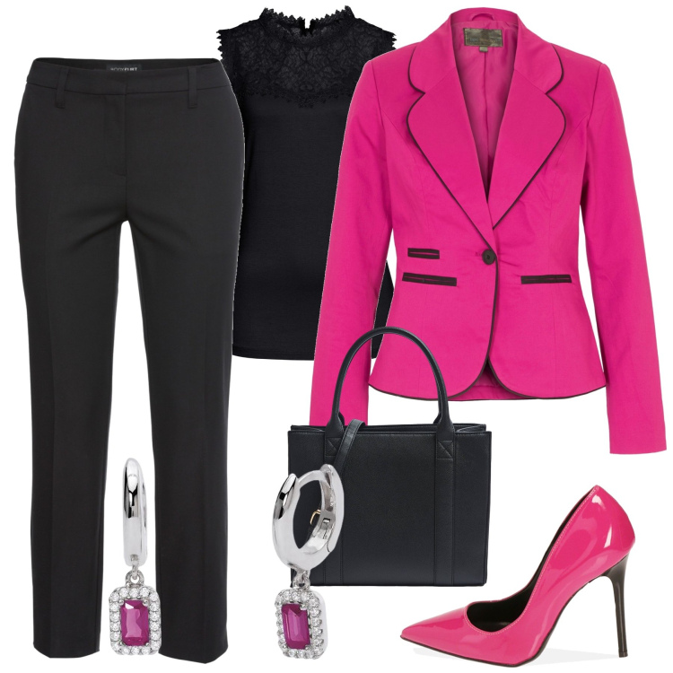 Outfit donna - matching colors. Stile Casual chic per Ufficio. Abbinamento con top, pantaloni, blazer, shopping bag, orecchini, décolleté.