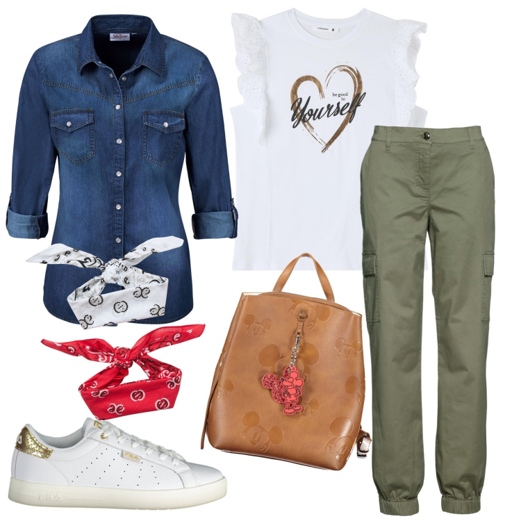 Outfit donna - Lo zainetto cuoio. Stile Urban per Tutti i giorni. Abbinamento con pantaloni cargo, camicie, t-shirt, fasce per capelli, zaini, scarpe sportive.