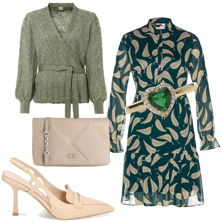 Outfit donna - Love green. Stile Vintage retrò per Cerimonia. Abbinamento con maglieria, vestiti, borse a mano, anelli, mocassini.