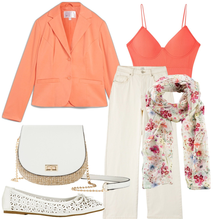 Outfit donna - Primavera in salmone. Stile Romantica per Tutti i giorni. Abbinamento con foulard, borse a tracolla, blazer, ballerine, pantaloni, top.