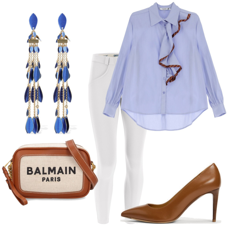 Outfit donna - La camicia ricca. Stile Glamour per Ufficio. Abbinamento con camicie, pantaloni skinny, décolleté, borse a spalla, orecchini.