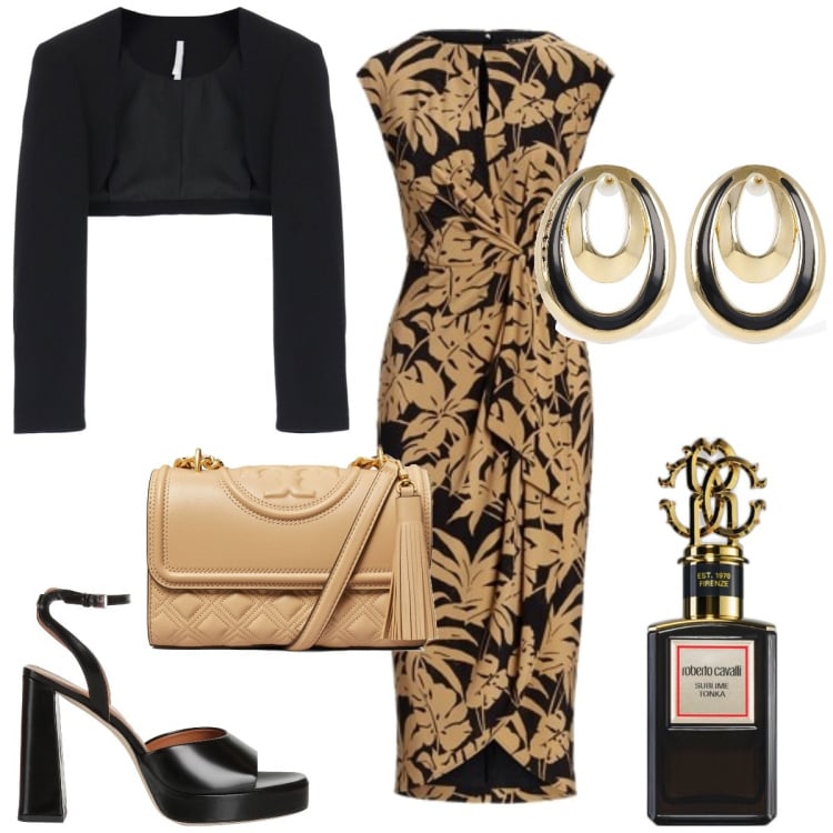 Outfit donna - Serata fuori. Stile Chic per Tutti i giorni. Abbinamento con sandali in pelle, profumi, blazer, vestiti, orecchini, borse a spalla.