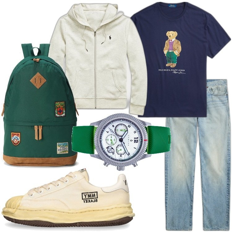 Outfit uomo - Mi sento chic sportivo per l\'aperitivo. Stile Casual per Tutti i giorni. Abbinamento con orologi, felpe, jeans dritti, t-shirt, borse sportive, sneakers.