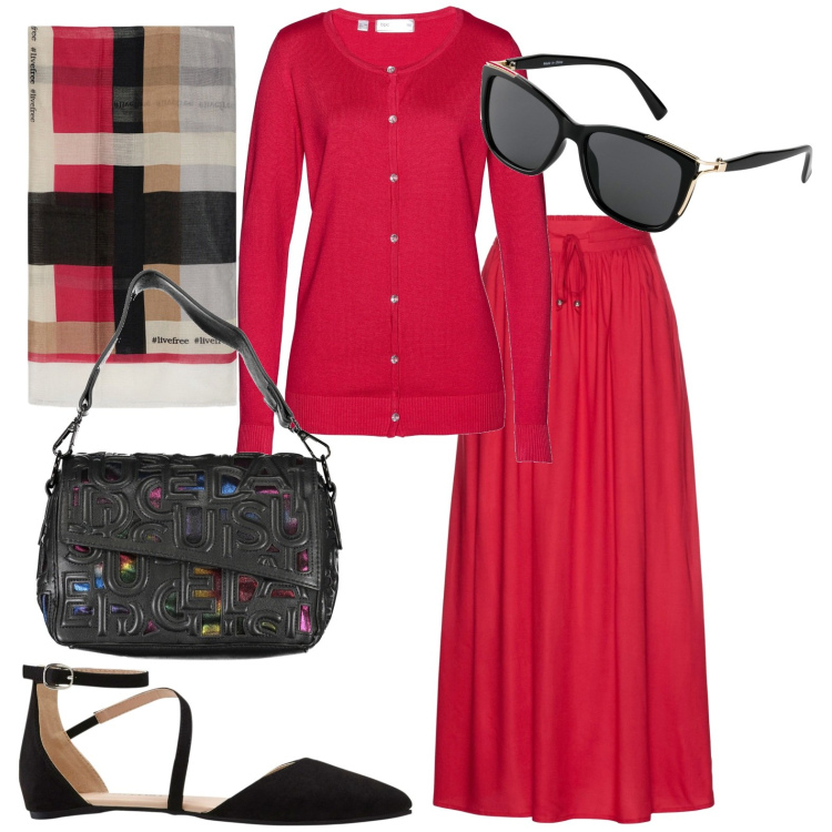 Outfit donna - Rosso e nero. Stile Casual per Tutti i giorni. Abbinamento con gonne lunghe, occhiali da sole, cardigans, ballerine, borse a spalla, sciarpe.
