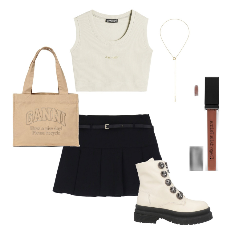 Outfit donna - Teen look. Stile Casual per Tutti i giorni. Abbinamento con stivaletti, collane, gloss, minigonne, top, shopping bag.