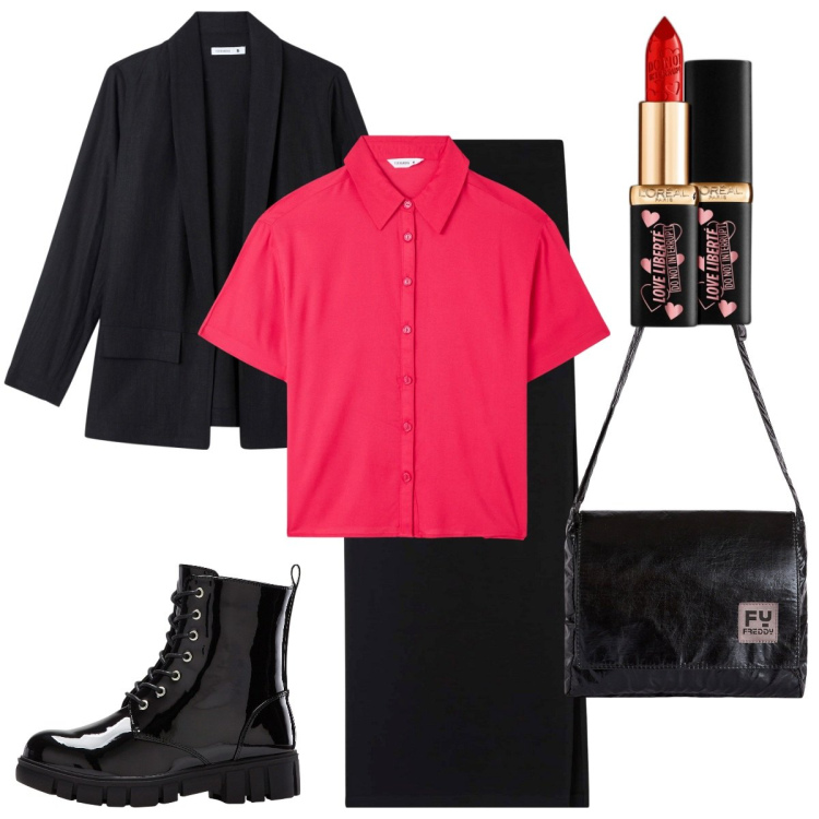 Outfit donna - Back to the 80s - signorina dark. Stile Vintage retrò per Serata fuori. Abbinamento con stivaletti, rossetti, camicie a manica corta, gonne lunghe, blazer, borse a tracolla.
