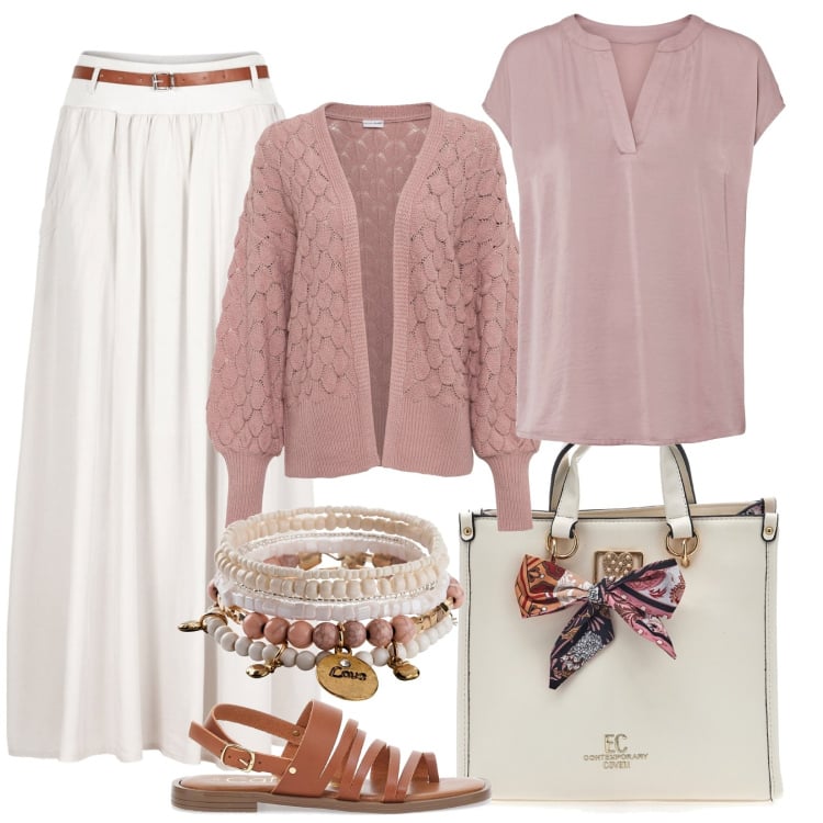 Outfit donna - Pink boho. Stile Boho per Tutti i giorni. look ideale per Tall. Abbinamento con cardigans, braccialetti, gonne lunghe, camicie, borse a mano, sandali in pelle.