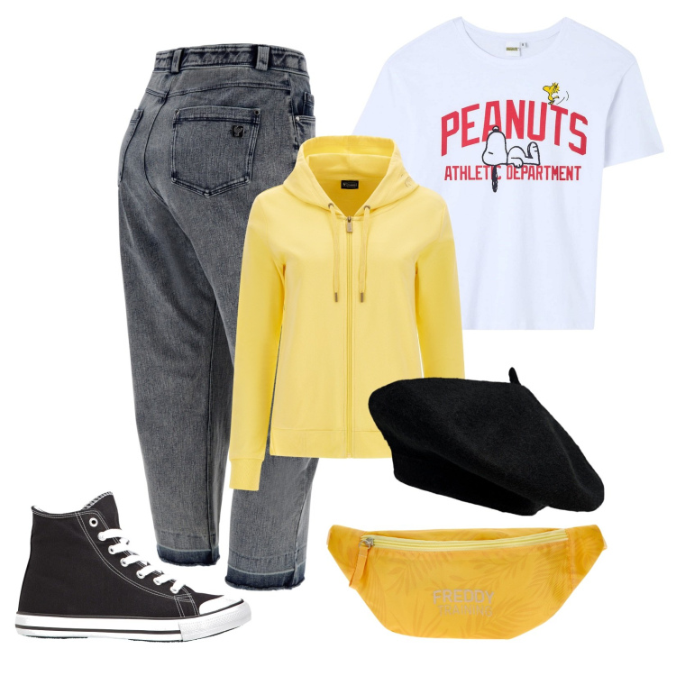 Outfit donna - 90\'s lovers. Stile Urban per Scuola/Università. Abbinamento con sneakers alte, t-shirt, felpe con cappuccio, jeans dritti, marsupi, cappelli e berretti.
