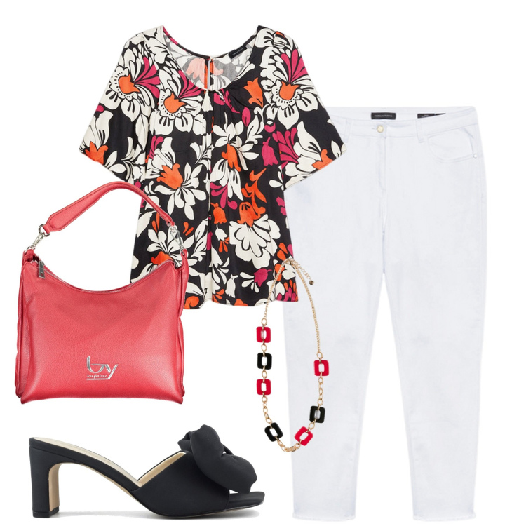 Outfit donna - Orgogliosamente curvy. Stile Casual chic per Tutti i giorni. Abbinamento con sandali col tacco, jeans skinny, bluse, borse a spalla, ciondoli.