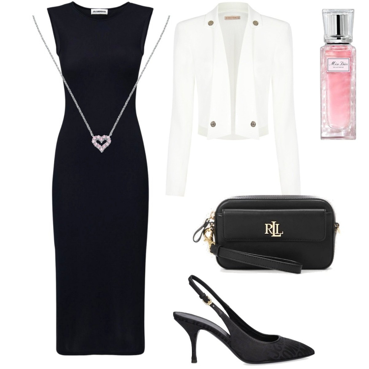 Outfit donna - Total look #1840739. Stile Chic per Serata fuori. Abbinamento con collane, profumi, blazer, pochette, vestiti midi/longuette, décolleté.