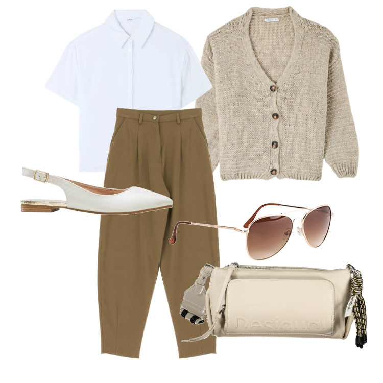 Outfit donna - Ghost outfitter - marzo. Stile Trendy per Ufficio. Abbinamento con occhiali da sole, ballerine, camicie a manica corta, cardigans, pantaloni, borse a spalla.