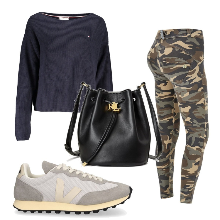 Outfit donna - Total look #1840748. Stile Military per Tutti i giorni. Abbinamento con pantaloni skinny, borse a secchiello, maglieria, sneakers.
