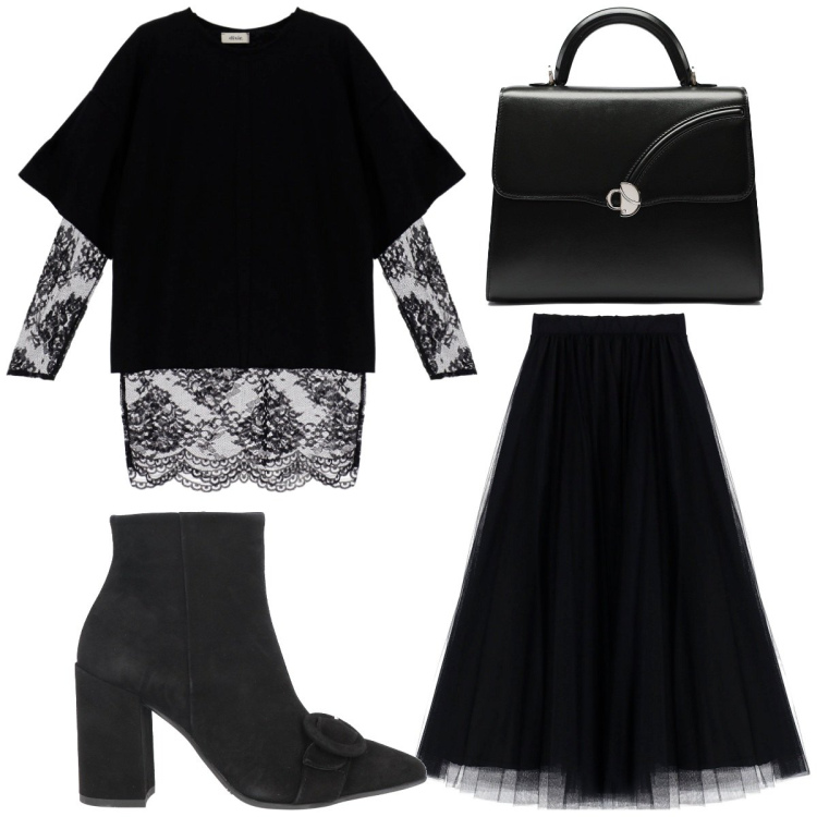 Outfit donna - Total look #1840752. Stile Trendy per Serata fuori. Abbinamento con stivaletti, gonne longuette, t-shirt, borse a mano.