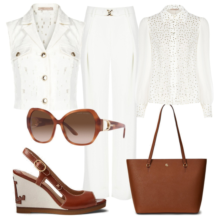 Outfit donna - Bianco candido. Stile Chic per Tutti i giorni. Abbinamento con camicie, pantaloni a palazzo, gilet, borse tote, occhiali da sole, sandali in pelle.