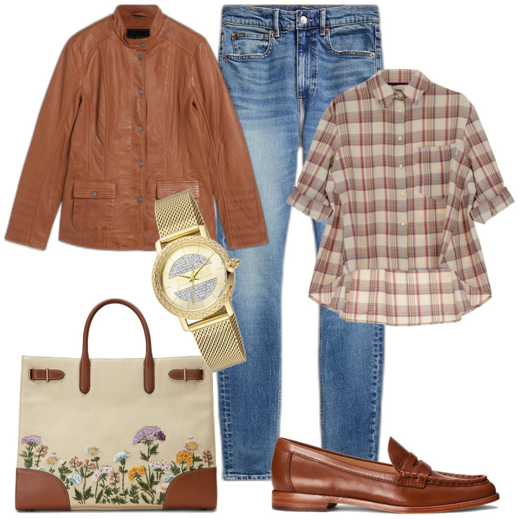 Outfit donna - Per tutti i giorni. Stile Casual chic per Tutti i giorni. Abbinamento con blazer, orologi, camicie, mocassini, jeans slim fit, borse tote.