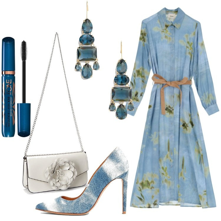 Outfit donna - Cerimonia in blu. Stile Romantica per Cerimonia. Abbinamento con mascara, orecchini, borse a spalla, décolleté, vestiti midi/longuette.