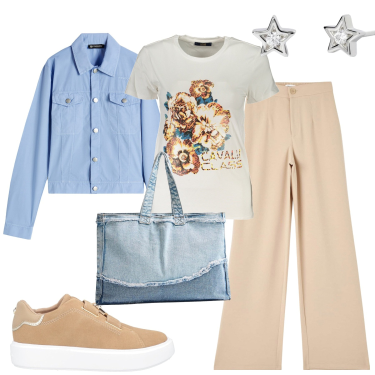 Outfit donna - City. Stile Casual per Tutti i giorni. Abbinamento con sneakers, pantaloni, shopping bag, orecchini, blazer, t-shirt.