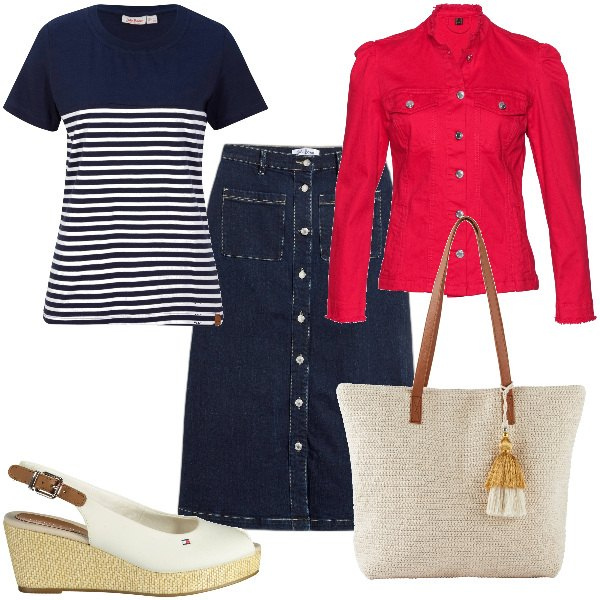 Outfit donna - Total look #1840785. Stile Basic per Tutti i giorni. Abbinamento con t-shirt, blazer, gonne longuette, shopping bag, sandali col tacco.