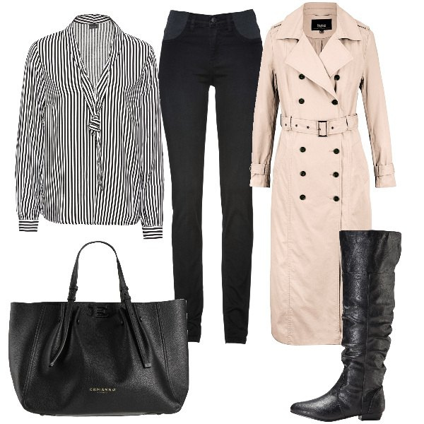 Outfit donna - Total look #1840787. Stile Basic per Ufficio. Abbinamento con jeans skinny, stivali sopra il ginocchio, bluse, trench, borse a mano.