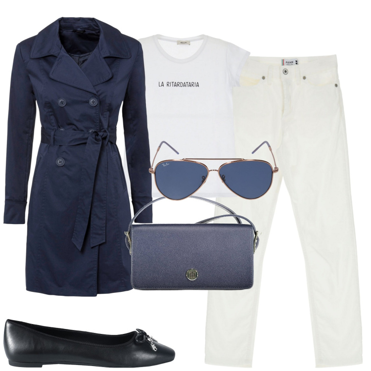 Outfit donna - City minimal chic. Stile Minimal per Tutti i giorni. Abbinamento con trench, ballerine, jeans, t-shirt, borse a spalla, occhiali da sole.