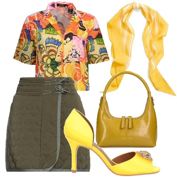 Outfit donna - con un tocco di giallo. Stile Trendy per Tutti i giorni. Abbinamento con sandali col tacco, minigonne, sciarpe, camicie a manica corta, borse a mano.