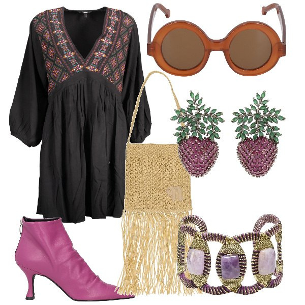 Outfit donna - Total look #1840807. Stile Boho per Serata fuori. Abbinamento con stivaletti, braccialetti, orecchini, borse a spalla, occhiali da sole, vestiti corti.