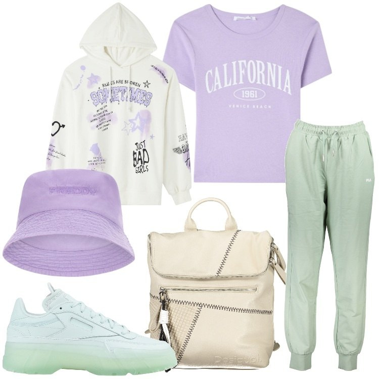 Outfit donna - Colori primaverili. Stile Casual per Sport. Abbinamento con sneakers, felpe con cappuccio, t-shirt sportive, cappelli, pantaloni, zaini.