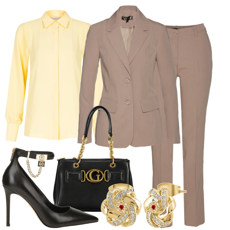 Outfit donna - City. Stile Chic per Tutti i giorni. Abbinamento con giacche, orecchini, décolleté, camicie, pantaloni skinny, borse a spalla.