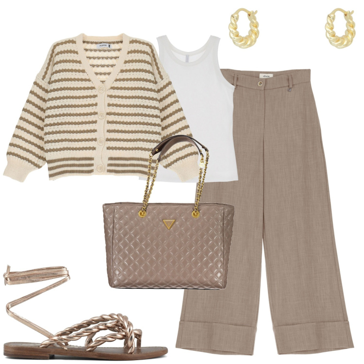 Outfit donna - City. Stile Casual chic per Tutti i giorni. Abbinamento con orecchini, cardigans, top, pantaloni a palazzo, sandali, borse a spalla.