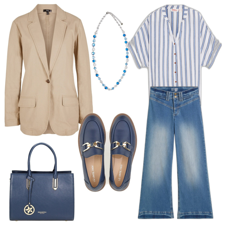 Outfit donna - Camicia a righe. Stile Casual chic per Ufficio. Abbinamento con camicie, jeans, blazer, borse a mano, collane, mocassini.