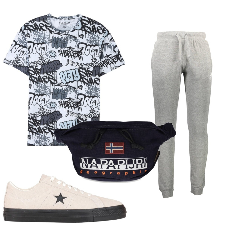 Outfit uomo - Total look #1840872. Stile Trendy per Tutti i giorni. Abbinamento con sneakers, t-shirt, pantaloni, borse sportive.