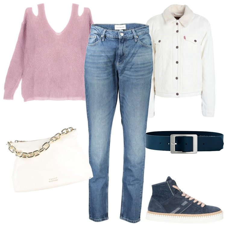 Outfit donna - Basic di giorno. Stile Basic per Tutti i giorni. Abbinamento con cinture, sneakers alte, blazer, borse a mano, pullovers, jeans mom.