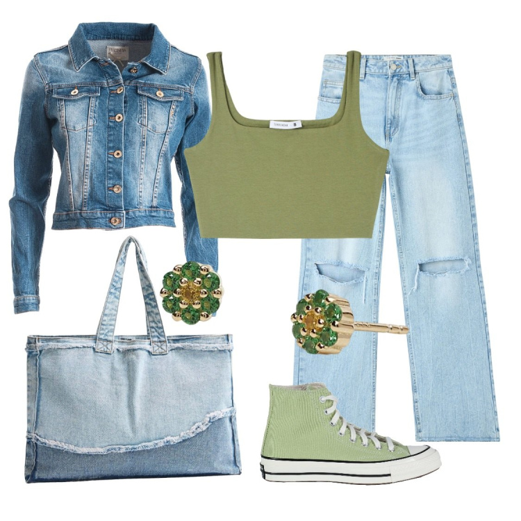 Outfit donna - Total jeans. Stile Casual per Tutti i giorni. Abbinamento con sneakers alte, jeans strappati, shopping bag, top, orecchini, blazer.