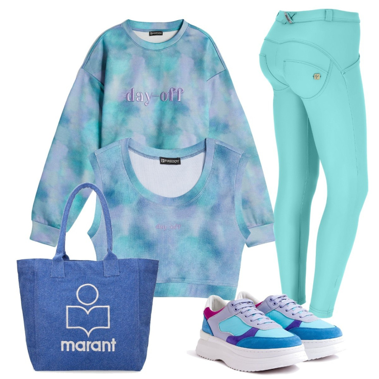 Outfit donna - Sfumature. Stile Casual chic per Scuola/Università. Abbinamento con sneakers, pantaloni skinny, top, felpe, shopping bag.